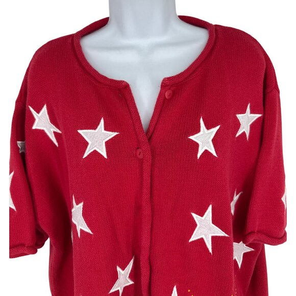 Quaker Factory Womens Short Sleeve Red Stars Stripes Embroidered Cardigan Sz 2X - Picture 2 of 8